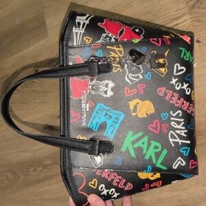NWT Karl Lagerfeld Black Satchel with Multicolor Graphics
